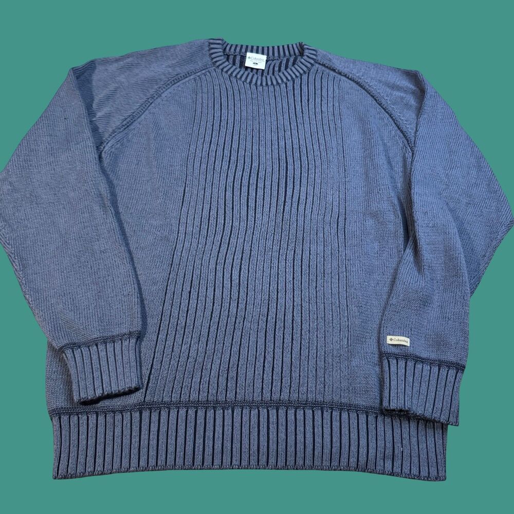 Columbia Mens Large Ribbed Sweater Blue Cotton Classic Outdoor Knit Vintage